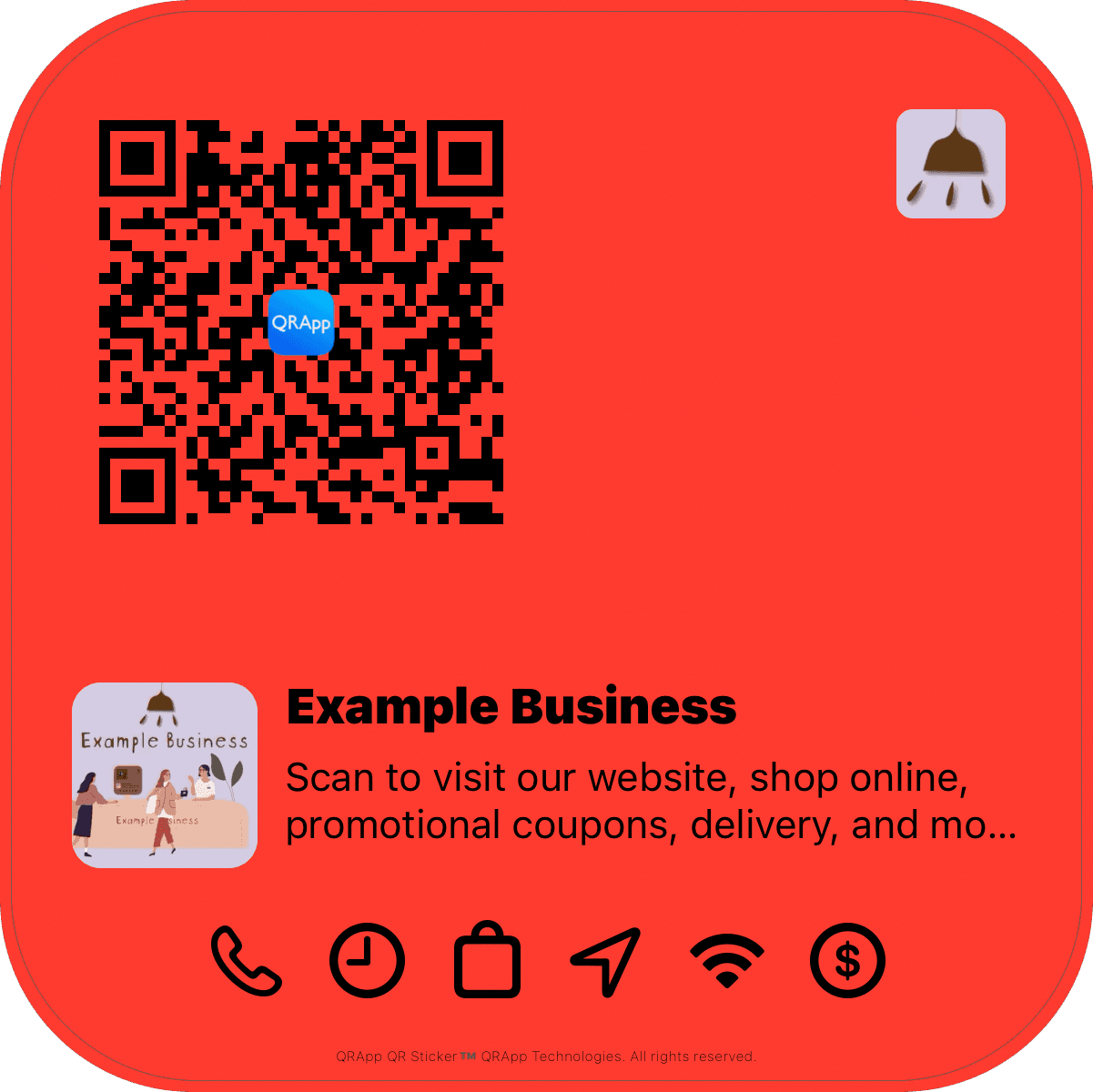 QR code for business. QRApp business QR code integrates a single QR code to access your business website, social media sites, address,
        phone number, business hours and many more important information within a single QR code. 